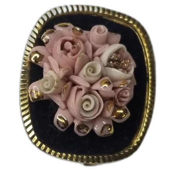 1980s Vintage Porcelain Roses Hand Painted Brooch Pin Porcelana Mercedes - Picture 3 of 7